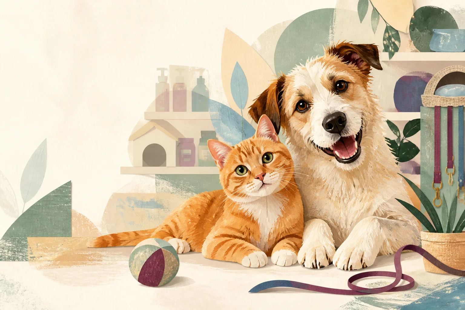 Öz Petshop'ta birlikte oturan neşeli bir kedi ve köpek